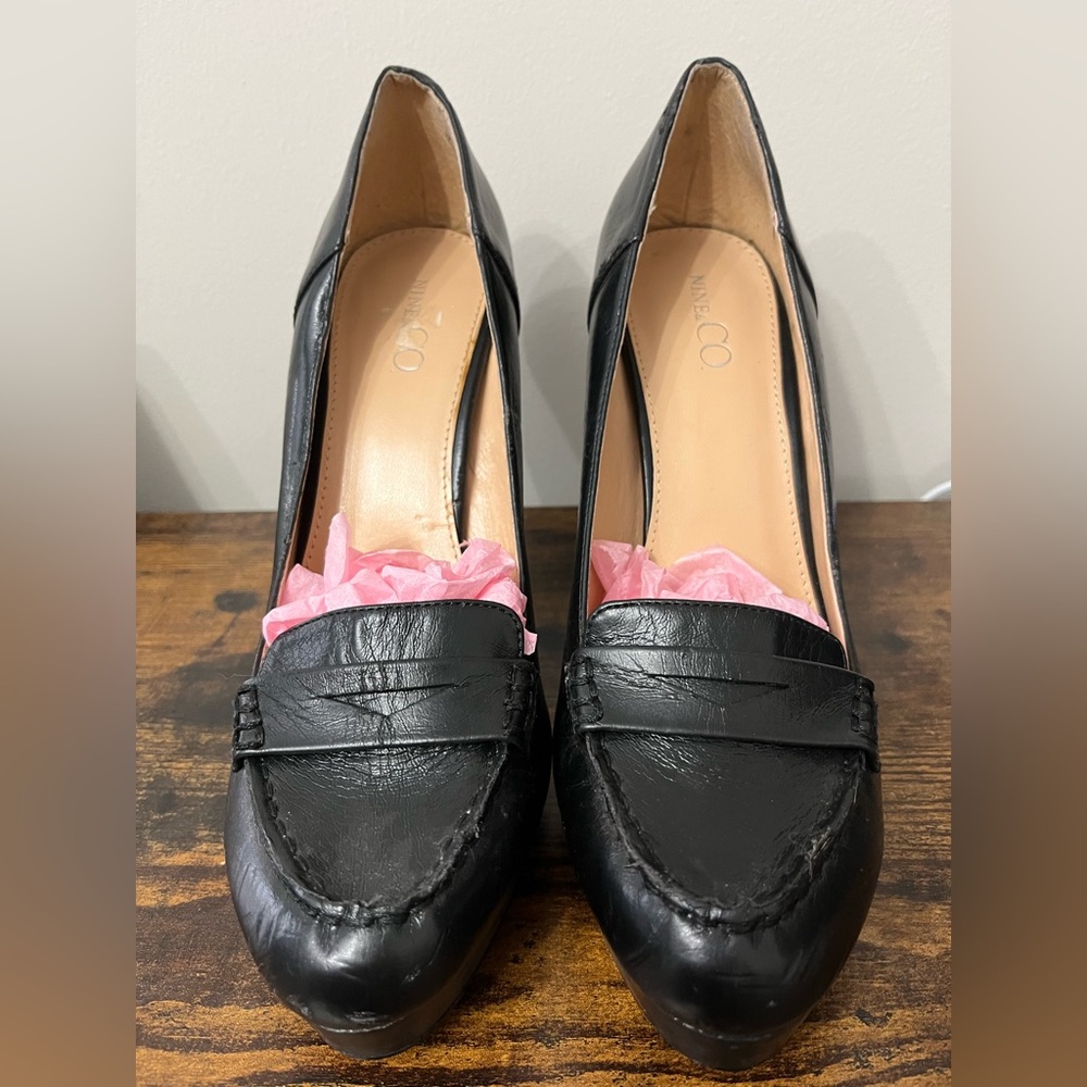 NINE & CO.WINTOLA BLACK FAUX LEATHER PLATFORM PUMP 5" HEELS